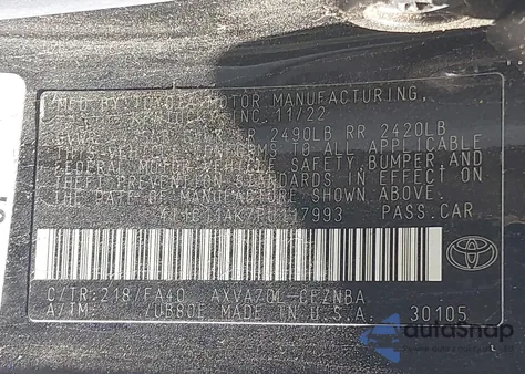 2023 Toyota Camry Le из США, поврежденный, VIN 4T1C11AK7PU117993